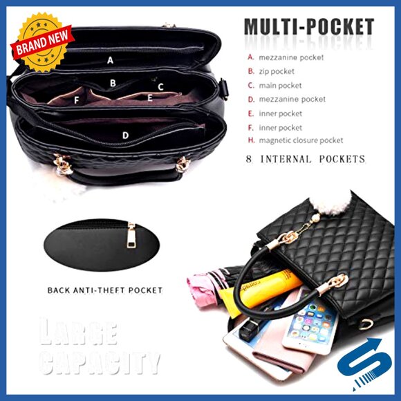 PU Leather Top Handle Tote Satchel Shoulder Bag with Pompom - Picture 6 of 7